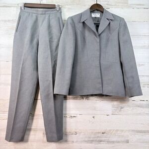 Renlyn Petites Grey Textured 2 Piece Pant Suit Blazer Trousers Size 2P Vintage